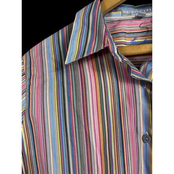 Foxcroft Shirt Top Size 12 Button Up Rainbow Stripe Blouse Wrinkle Free Shaped - Picture 6 of 9